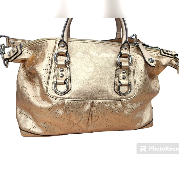 COACH ASHLEY PERFORATED METALLIC CHAMPAGNE LEATHER SATCHEL PURSE EUC - Picture 2 of 10